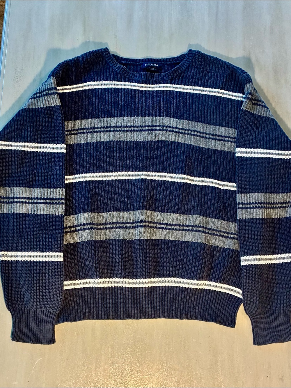 Vintage Nautica Men's Navy StripedCrewneck Sweater